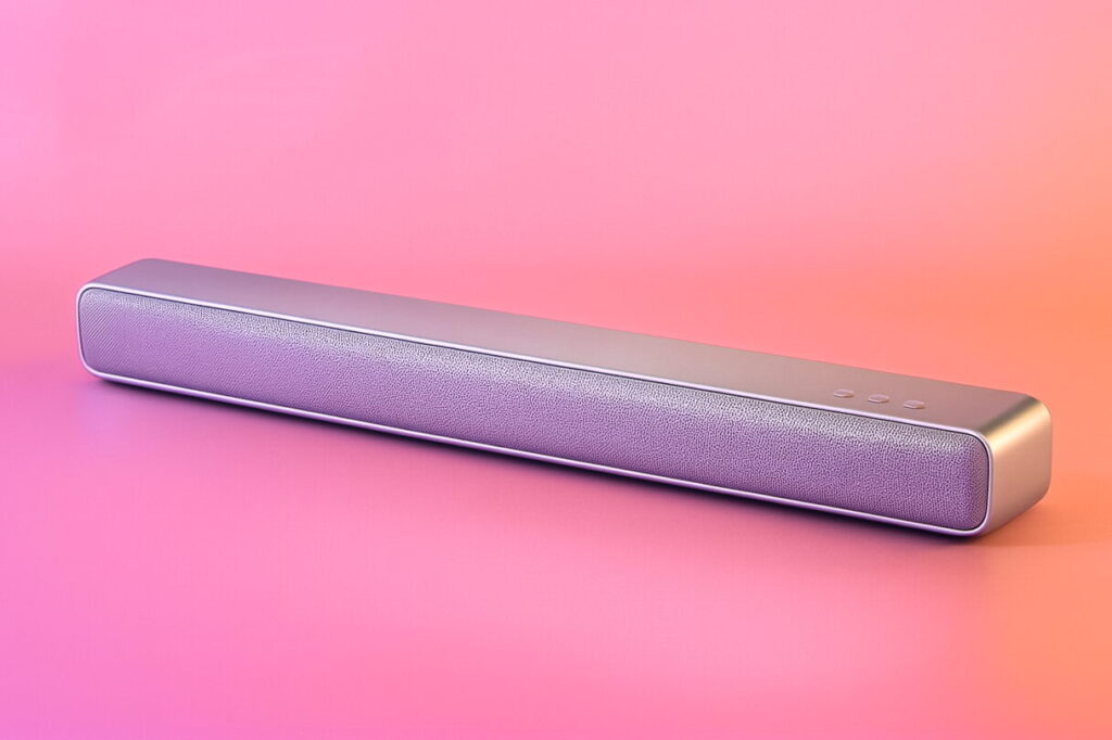 Image shows a silver soundbar against a pink backdrop