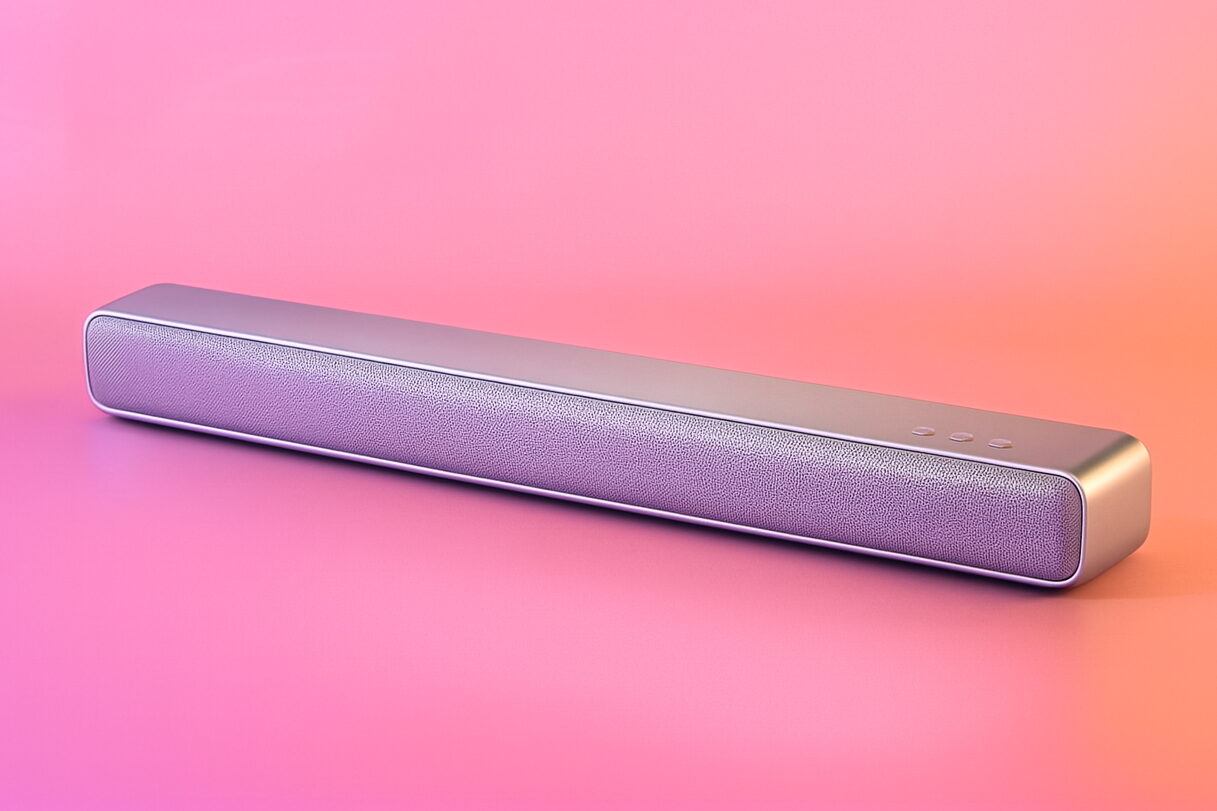 Image shows a silver soundbar against a pink backdrop