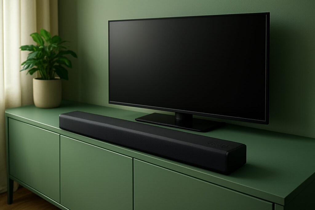 The image shows a black soundbar in front of a TV in a green living room