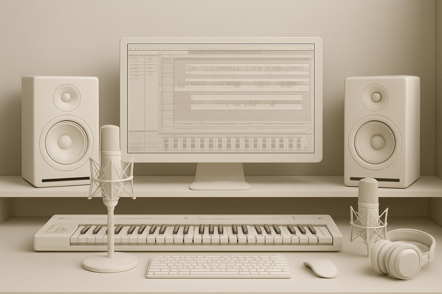 The image shows audio equipment such as speakers, microphones, computer, keyboard and headphones in off-white colour matching the background colour.