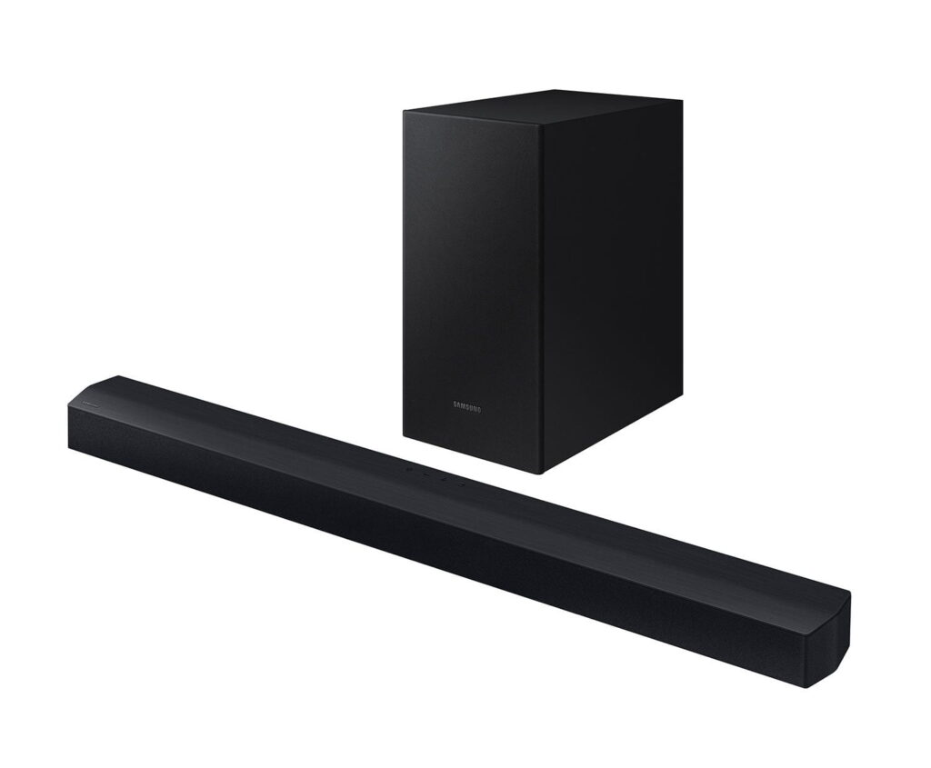 Image shows the Samsung HW-C43C:ZA 2.1 soundbar and wireless subwoofer