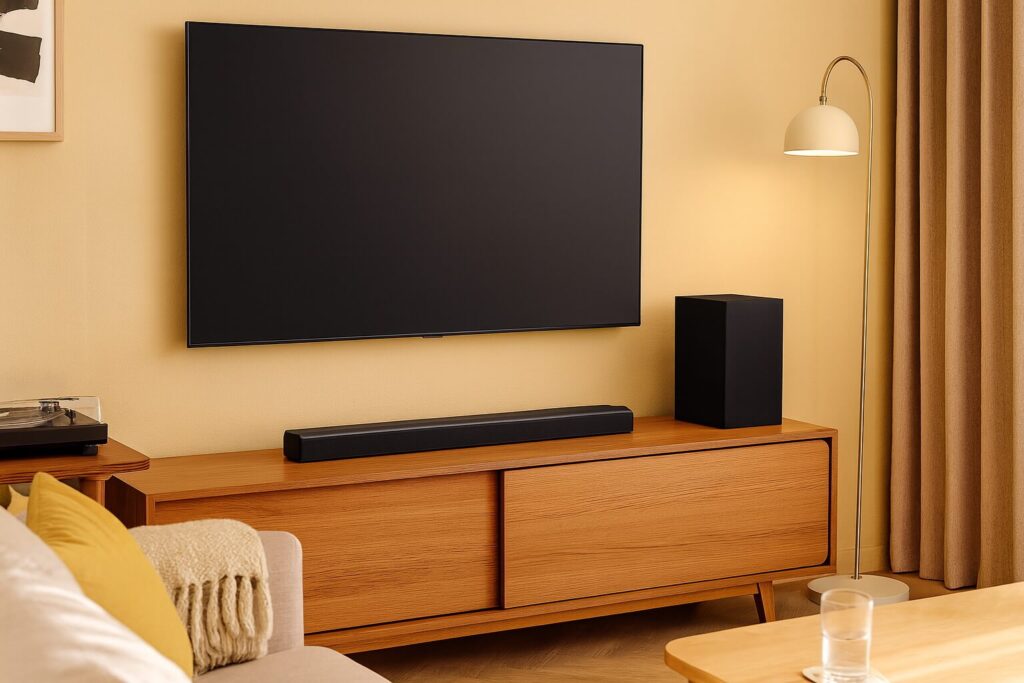 Image shows a cream-yellow living room with a TV, soundbar and subwoofer
