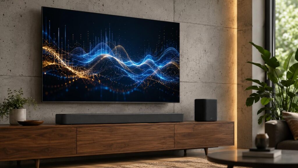 Minimalist home theater setup featuring a slim soundbar under a smart TV and a modern square wireless subwoofer.
